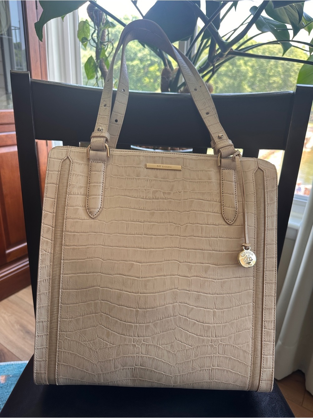 Brahmin Beige Croc-Embossed Tote with Gold Charm